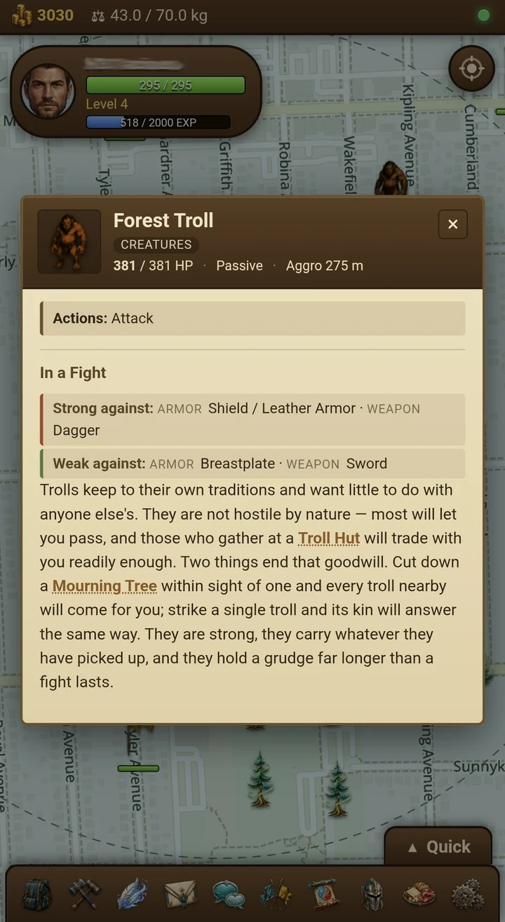 The in-game codex entry for a Forest Troll, showing what it is strong and weak against