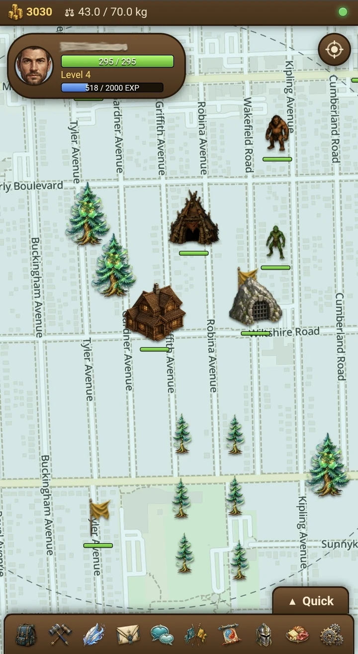 The game running over a real named street grid, with a troll, an orc, a troll hut, a cabin, a cave and trees standing on it